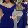 Royal Blue Mermaid Evening Prom Dresses Elegant Satin Off Shoulder Plus Size Bridesmaid Gowns Sweep Train Simple Wedding Guest Party Dress Evening Prom Gowns AL9020