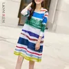 Print Pleated Dress Loose Casual Wrist Sleeve Striped Stitching Color Dresses Ladies Large Size Fashion Clothing 2D3936 210526