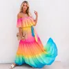 Bohème multicolore volanté épaule auto-ceinturée robe de soirée coton tunique femmes plus taille boho maxi robes robes A324 210331