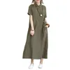 Casual jurken zomerjurk vrouw effen kleur katoen en linnen knop type losse korte mouw met zak vrouwelijke kleding