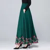 Women Floral Embroidery long Pleated skirt Summer ladies Cotton Linen Maxi skirts spring pockets Elastic high waist A-Line skirt 210619