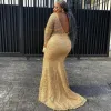 Dresses Gold Evening Plus Size Long Sleeves Scoop Neck Lace Applique Ruched Pleats Illusion Sweep Train Custom Made Prom Party Gowns Vestido