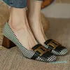 Sukienka Buty Damska Skórzana Tkanina Patchwork Slip-On Pompy Grube Wysokie Obcas Square Toe Fringe Decoration Oll Style Comfort