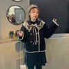 Svart ulllack Lös spliced ​​mesh spets upp Dubbelbröst Peter Pan Collar Vintage Jacket Outwear Långärmad Sweet Tops Coat 210417