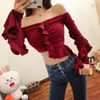 Short Slash Neck Sexy Women Tops Blouses Ruffled Long Sleeve Dames Blouse Spring Cotton Casual Solid Shirts For 12575 210508