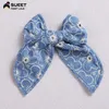 girls princess Hair Accessories fashion kids big bowknot hairs clip with blue fabric long tail bow machine embroidered flower children Barrette D005