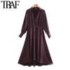 TRAF女性ファッションボタンソフトタッチ非対称MIDIドレスヴィンテージパフスリーブサイドジッパー女性ドレスMujer 210415