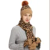 M334 Nova Outono Mulheres Mulheres de Malha Chapéu Quente Beanie Caps Leopardo Lenço Luvas 3 Pçs / Set