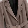 Kvinnor Elegant Plaid Suit Blazer With Belt Notched Collar Houndstooth Jacket Långärmad Vintage Office Coat Kvinna 210508