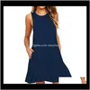 Dresses Womens Clothing Apparel Drop Delivery 2021 Summer Casual Pockets Cotton T-Shirt Sleeveless Loose Solid Tank O-Neck Plus Size Women Mi