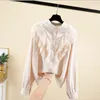 Costura de laço Chiffon blusa botão sólido mulheres tops e blusas stand collar camisas senhora blusas 10467 210508
