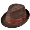 Män äkta läder mocka ko hud hattar nubuck bruna fedoras kvinnor gentleman manlig jazz höftpop caps 56-60 cm monterad hatt