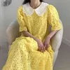 Women Yellow Hollow Out Dress Lace Peter Pan Collar Short Puff Sleeve Loose Fashion Spring Summer 16F0681 210510