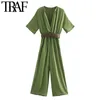 TRAF Mulheres Chique Moda Com Cinto Plissado Jumpsuits Vintage V Neck Manga Curta Elástica Cintura Elástica Playsuits Mujer 210415