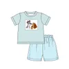 Zomer kleding marineblauw korte mouw top en blauwe plaid shorts leeuw olifant en giraffe borduurwerk patroon jongens kleding x0802