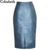 Colorfaith女性PUレザーMIDIスカート春秋の女性パッケージのヒップフロントまたはバックスリット鉛筆プラスサイズSK8760 210629