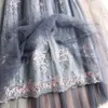 Elegant broderad mesh kjol Emale Spring Long Fairy Skirt Elastic Wasit A ​​Line Flower Women Pleated Skirt Party Streetwear 210619