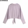 Za Flowing shirt with tie lilac Johnny collar cropped shirt with long cuffed sleeves Front knot detail at the hem Button-up 210510