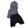 Kläder Sats Baby Boys Sommar Outfits Passar Stripe Ärmlös Vest Hooded Top och Solid Black Shorts Casual Clothes