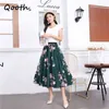 Qooth Printed Green Sweet Flowers Skirt Spring Summer Floral High Waist Long Womens Elegant All-Match QT576 210609