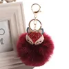 Cute Fox Fur Ball Keychain Handmade Fluffy Fur Pompom Ball Inlaid Rhinestone Lady Bag Accessories Car Mini Key Ring Pendant G1019