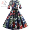 Floral Print Vintage Dres Z Długim Rękawem Elegancki Party Jesień Zima Kobieta Dorywczo A-Line Tunika Plus Rozmiar 210623