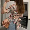 Frauen Koreanische Vintage Frau Hemden Sommer Puff Sleeve Print Floral Bluse Casual Quadrat Kragen Kurze Damen Designer Tops 13605 210527