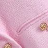 Women Fashion Tweed Pink Blazer Crop Top Short Jacket Za Solid Elegant Pockets Casual Summer Outwear For Suits 210521