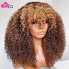 Lace Parykar Elia Färgad Kinky Curly Human Hair With Bangs Full Machine Made 100% Brazilian Remy för kvinnor 200%