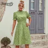 Fransk Romantik Vintage Daisy Print Midi Klänningar Kvinnor Sommar Tunika Stativ Krage Kortärmad Elegant Ol A-Line Dress 210510