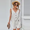 Mouwloze casual linnen katoen zomer romper overalls voor vrouwen strandknop sjerp playsuit korte jumpsuit 210415