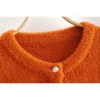 Vintage chic orange faux mink beskurna cardigans kvinnor mode o-hals singel breasted tröja casual kvinnliga toppar 210520