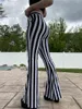 Kadınlar Gevşek Pantolon kadın Zarif Siyah Dikey Çizgili Yüksek Bel Cebi Geniş Bacak Pantolon Kadın Çan Dipleri Flare Pantolon 211112