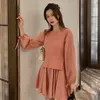 Koreański szata Cute Mini Vestido Jesień Fałszywy Dwa Peides Dress Women Knitted Vest Patch Koszula z długim rękawem Dresse 210510