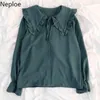 Neploe Japanses Blusas Mujer De Moda Sweet Ruffles Camicette Donna Colletto Peter Pan Lace Up Tinta unita Camicetta Top Donna 210422