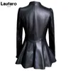 Lautaro Autumn Black Slim Soft Pu Läderjacka Kvinnor Deep V Neck Long Puff Sleeve Elegant Luxury Kirted Blazer Fashion 210908