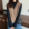 Loose Solid Color V-neck Sweater Vest Female Thin Section High-necked Long-sleeved Bottoming Shirt Women Sets Pullover 210427