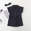 Girls Solid Rompers 3 Design Cotton Short Sleeve Single Button Ruffle Jumpsuit Kids Girls Outfits Solid Headband 2-7T 1400 B3