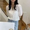 Fashion Short Sleeve Shirt Hollow Tops White s Women Korean Chic Button Up Blusas Mujer Drop 14275 210506