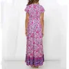 Foridol Bohemian Floral Print Maxi Długa sukienka Kobiety V Neck Wzór Guzik Plaża Letnia Dress Purple Boho Wakacje Dress 210415