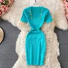 Summer Short-sleeve Knit Dress Women Elegant Pure Color Buttons Square Collar Slim Fit Stretch Casual Work Party Mini 210603