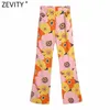 Zevity Femmes Mode Couleur Match Floral Print Flare Pantalon Rétro Femelle Chic Poches Été Pantalons Longs Pantalones Mujer P1099 211112