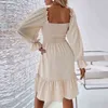 Frauen Backless Schmetterlingsarmbüro Kleid Neue Frühling Platz Kragen Drapieren Party Kleid Herbst Elastische Taille Rüschen Casual Kleid Y1204