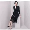 Spring High Quality Lace Up Blazer Patchwork Lace Dress Women Fashion Långärmad Hollow Out Empire Mid Dresses 210515