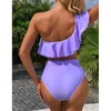 Peachtan um ombro maiô mulheres mulheres cintura alta biquíni 2021 cinto swimwear feminino roxo biquini plissado bandeau banking terno novo x0522