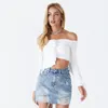 Womens Blue Washed Mini Denim Skirt High Waist Frayed Hem Distressed Ripped Short Soft Fabric Comfortable to Touch Elegant X0428