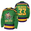 Mens Mighty Duckss Jersey 33 Greg Goldberg 96 Charlie Conway 99 Adam Banks قام بخياطة الهوكي الجليد في الأسهم شحن S-XXXL