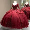 2022 Sexy luxe rouge foncé bordeaux robes de Quinceanera dentelle appliques manches longues perles de cristal chérie à lacets dos robe de bal fête bal robes de soirée