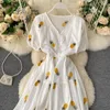 Summer Women Embroidery White Short Sleeve Pineapple Strawberry Embroidered Tunic Beach Dress 210415