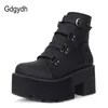 GGGYDH Lente Herfst Enkellaarzen Dames Platform Laarzen Rubber Sole Gesp Zwart Lederen PU Hoge Hakken Schoenen Vrouw Comfortabele Y0905